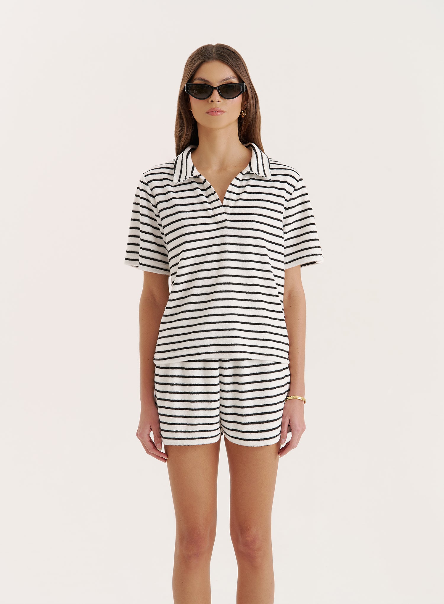 Black And White Stripe Towelling Short Sleeve Polo Top